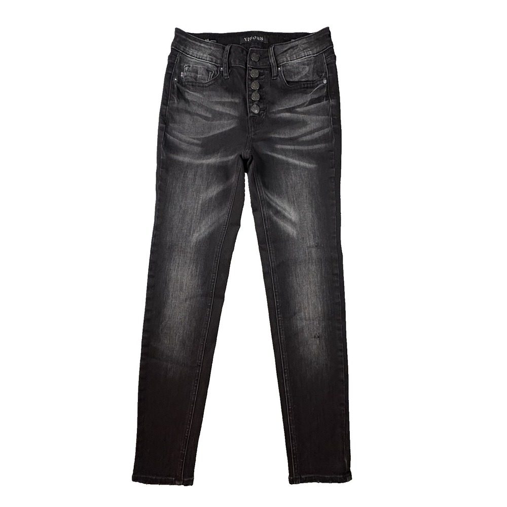 Vigoss Women's 24 (25.5x25.5) Black Ace Button Fly Faded Stretch Skinny Jeans